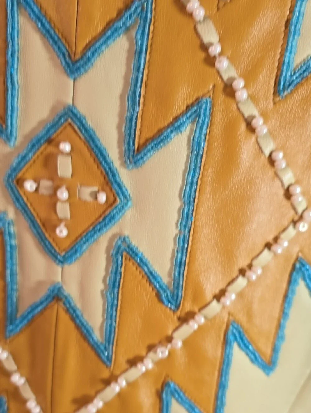 Fringed Pale Yellow Faux Leather Jacket with Turquoise Trim - Picture 10 of 15